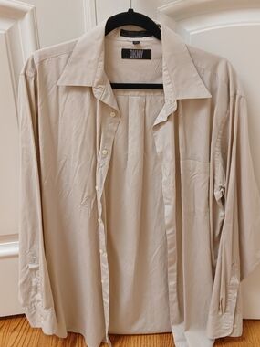 DKNY Men's Beige Long-Sleeve Button-Up Dress Shirt